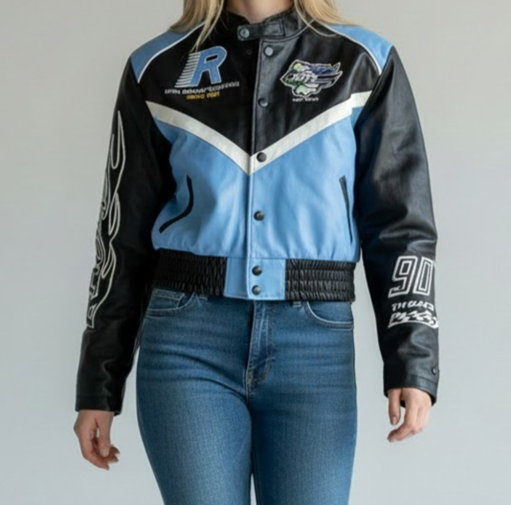 Smoke Rise Women's Cropped Faux Leather Racing Jacket Blue Size Large